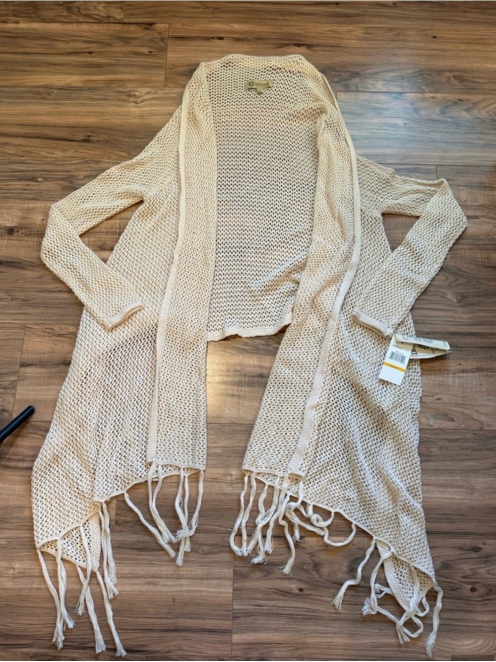 Democracy Open Knit Fringe Cardigan Shrug in Cream